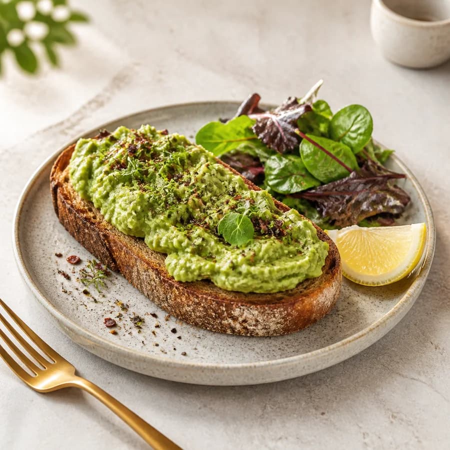 Avocado smash on toasted sourdough with herbs