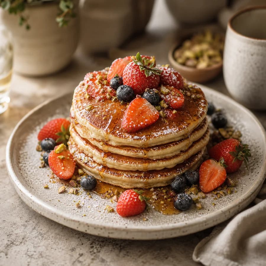 Stack of berry pancakes with syrup and fresh fruit