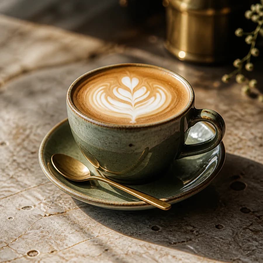 Flat white coffee with latte art in a ceramic cup