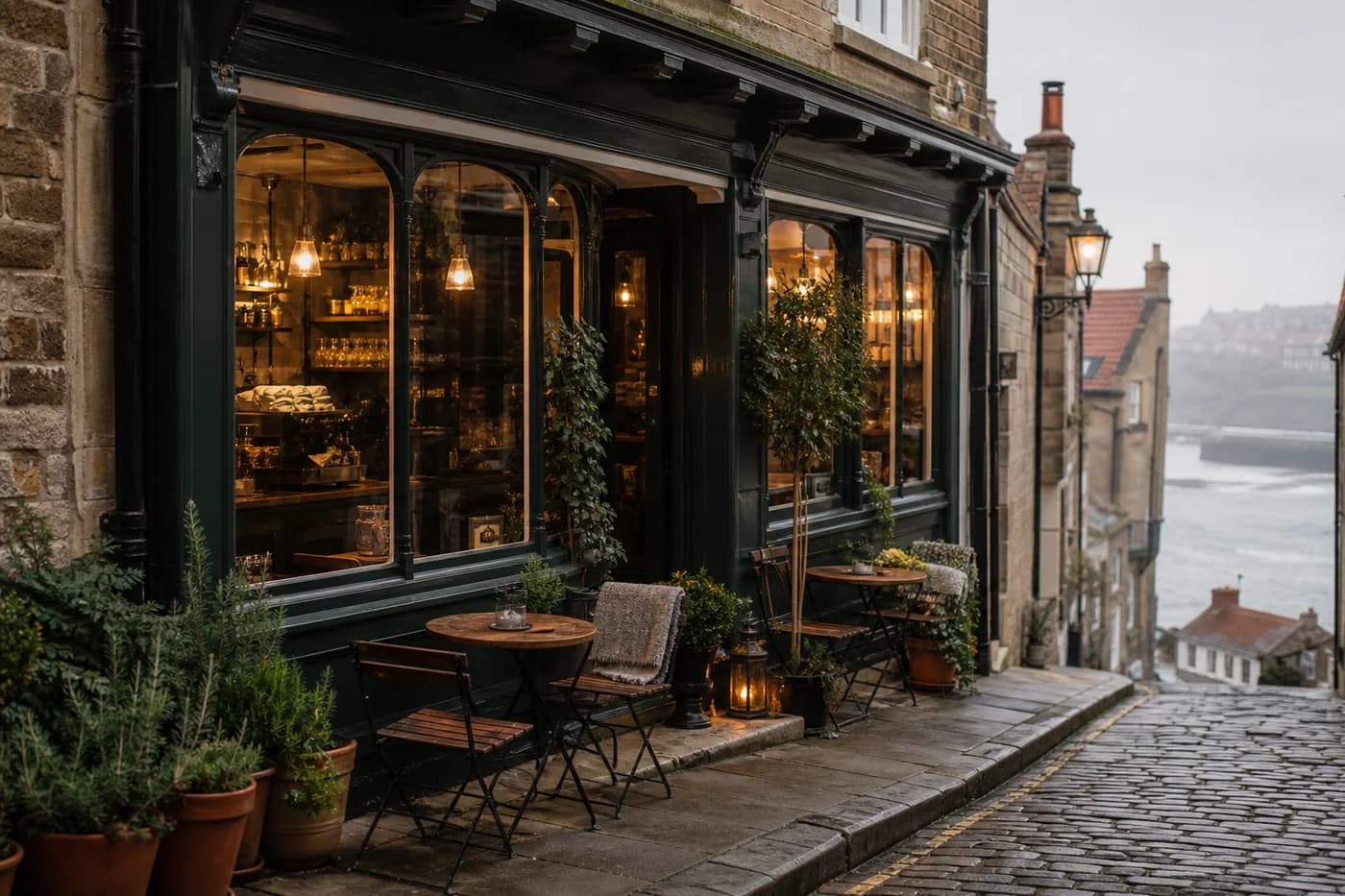 Cosy independent café exterior on a coastal street in Whitby