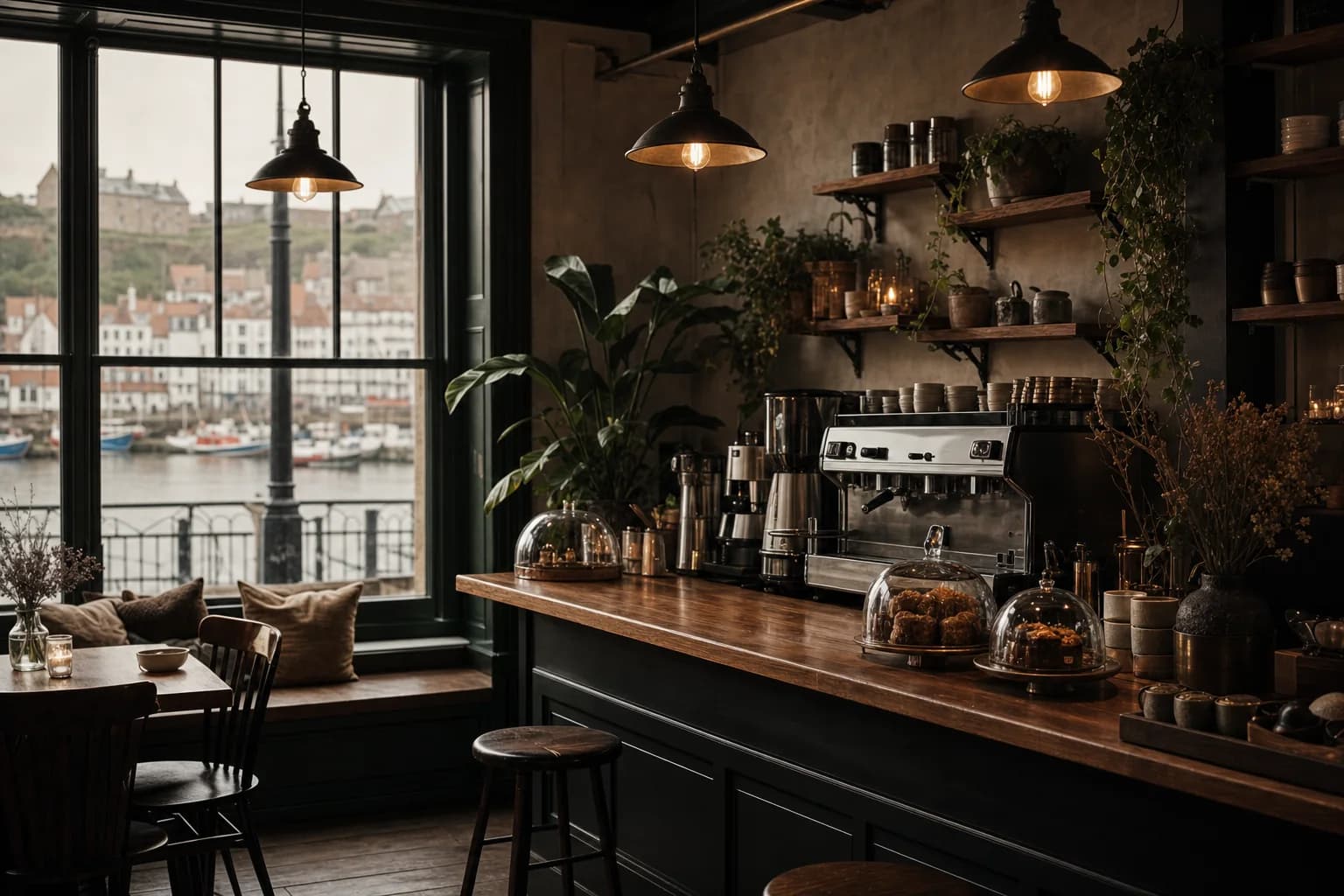 Warm independent café interior with an espresso machine, plants, bakes, and a harbour view