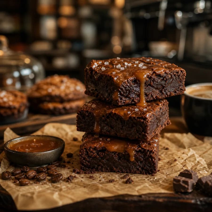 Salted caramel brownie squares on parchment
